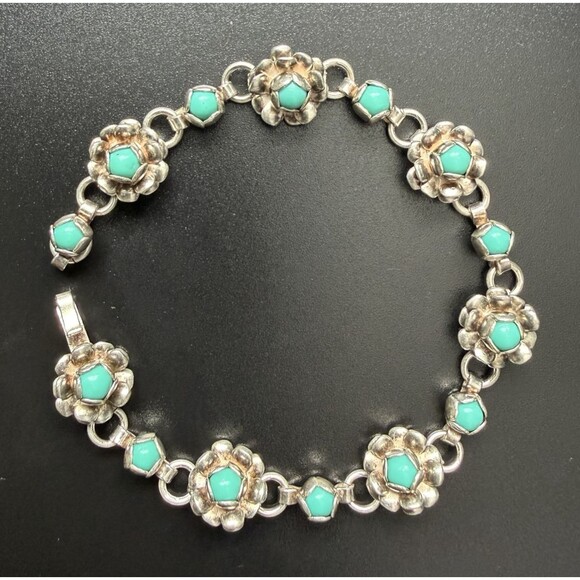 VINTAGE 50s TAXCO MEXICO STERLING SILVER TURQUOISE BLOSSOM FLOWER BRACELET 6.5” - Picture 3 of 16